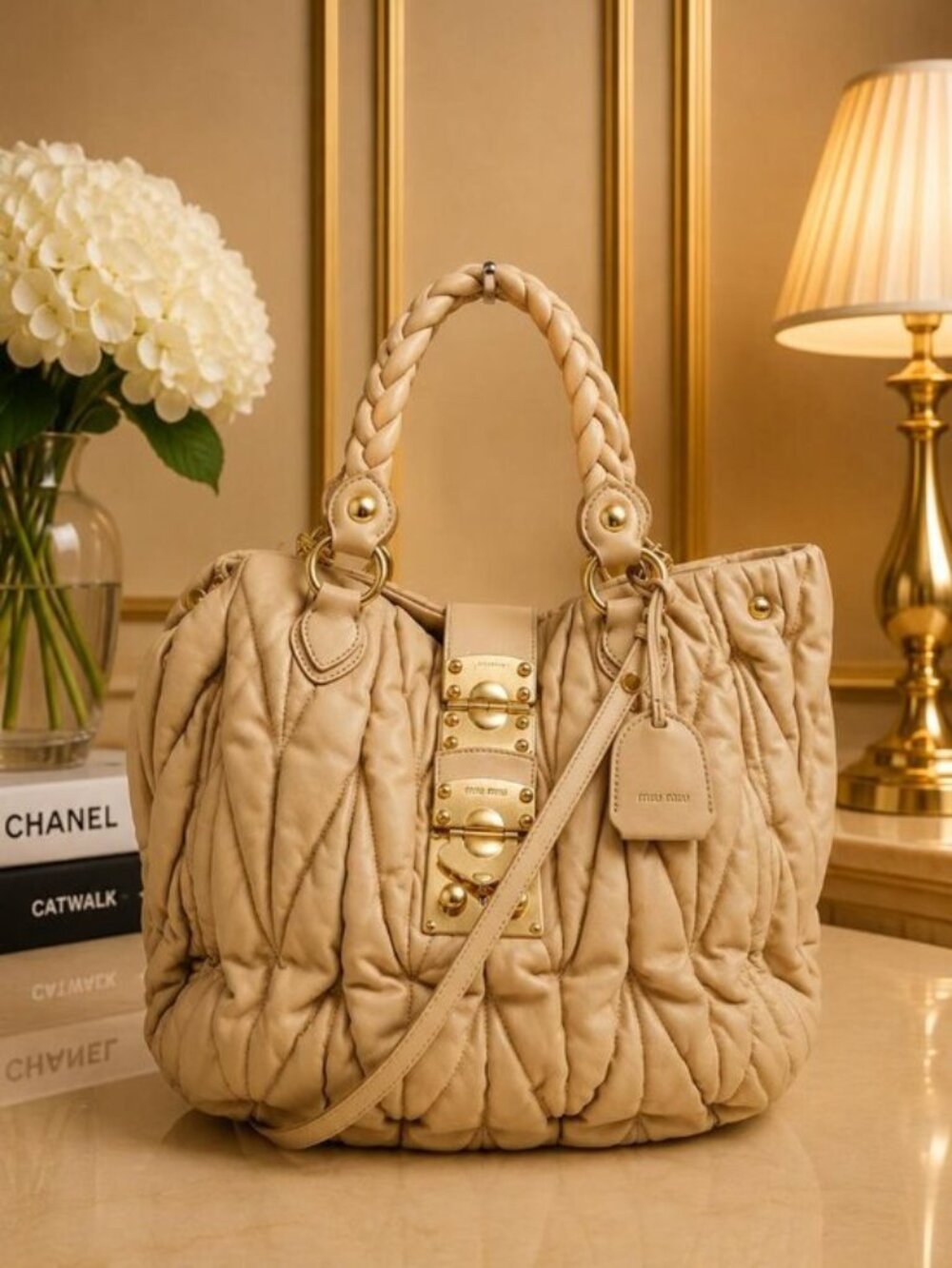 Authentic Miu Miu Coffer Matelasse Leather Satchel Crossbody Bag